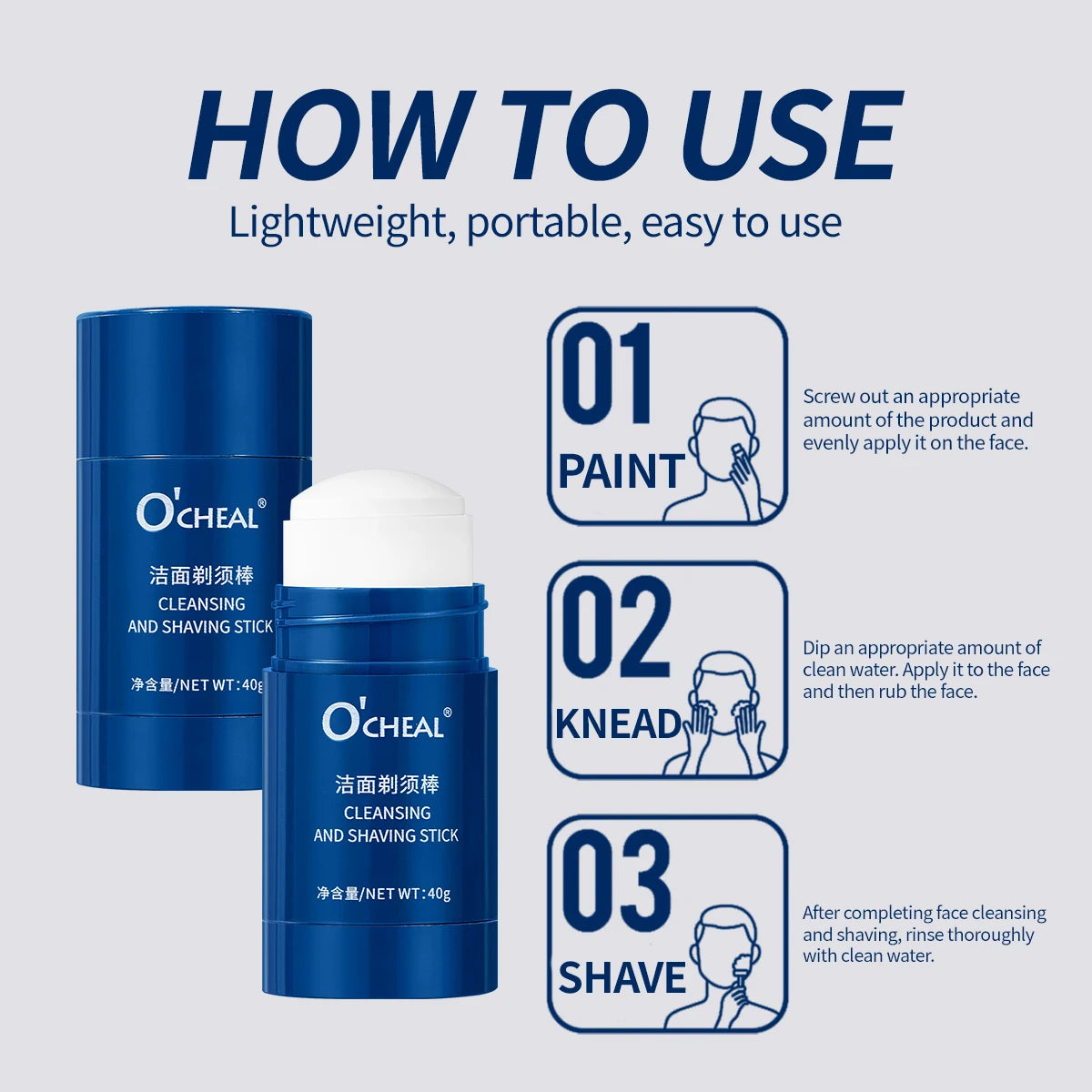 O'CHEAL Facial Cleansing and Shaving Gel Stick, 40g
