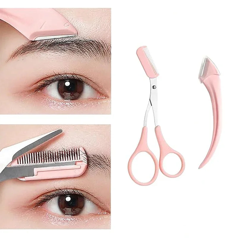 Eyebrow Trimmer Set with Curved Razor, Scissors and Comb