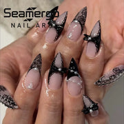 Black Bat Press-On Nails, 24-Piece Almond Set