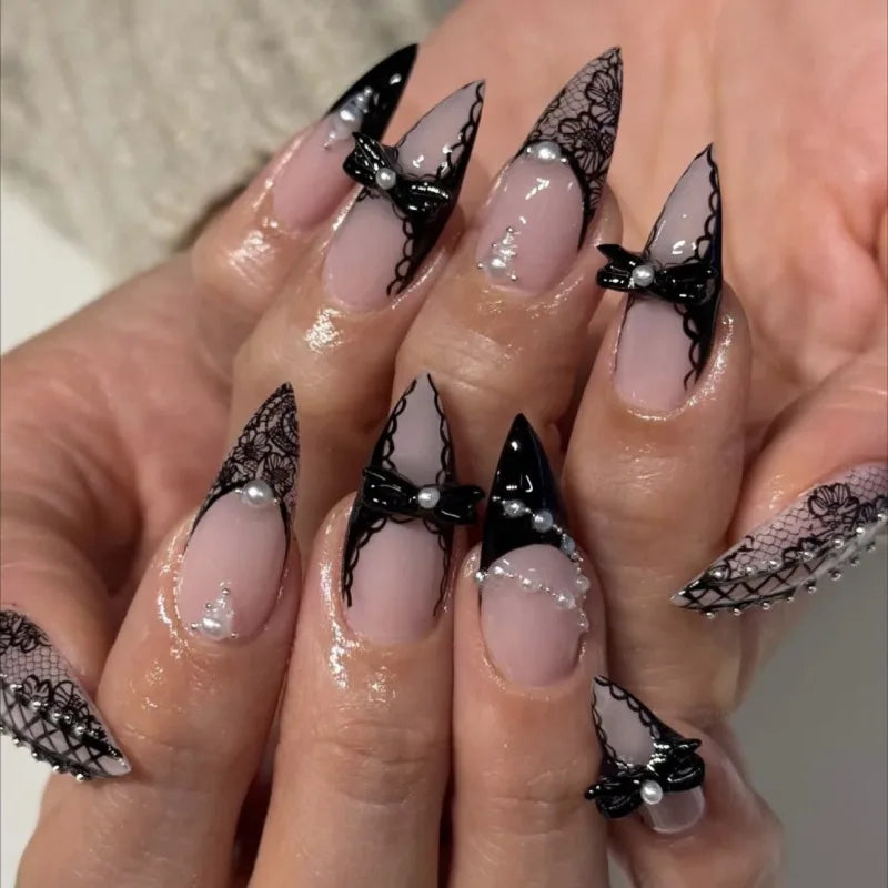 Black Bat Press-On Nails, 24-Piece Almond Set