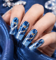 Blue Gradient Press-On Nails with Gold Curve Detail, 24-Piece Set