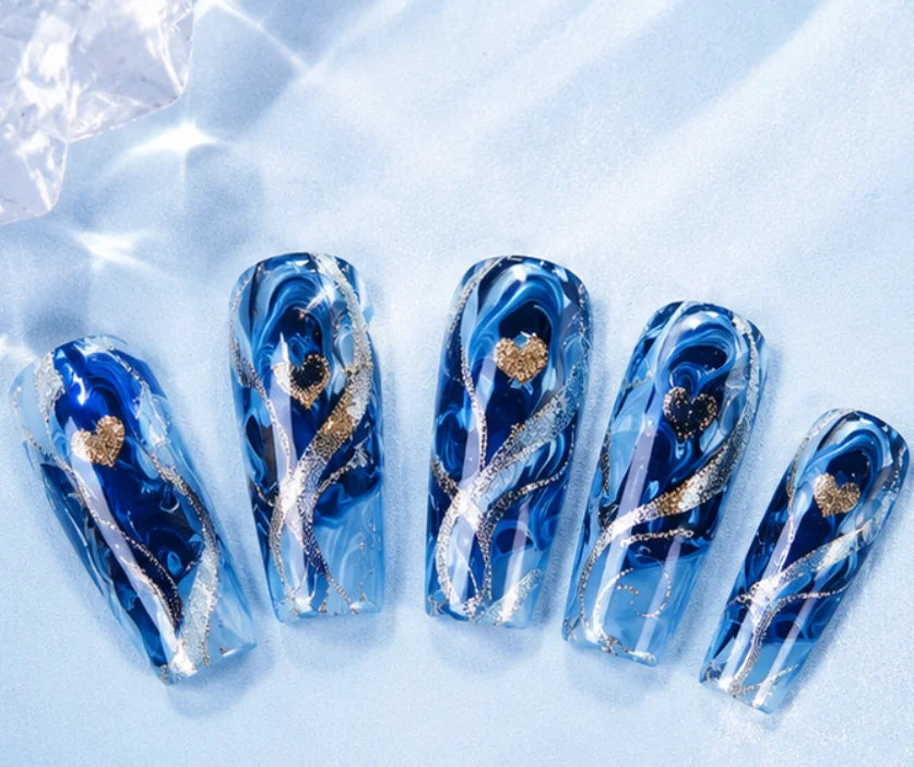 Blue Gradient Press-On Nails with Gold Curve Detail, 24-Piece Set