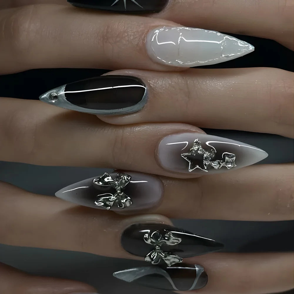 Black Bat Press-On Nails, 24-Piece Almond Set