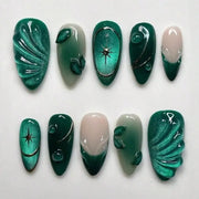 Cool-Tone Green Cat Eye Press-On Nails, 24-Piece Set