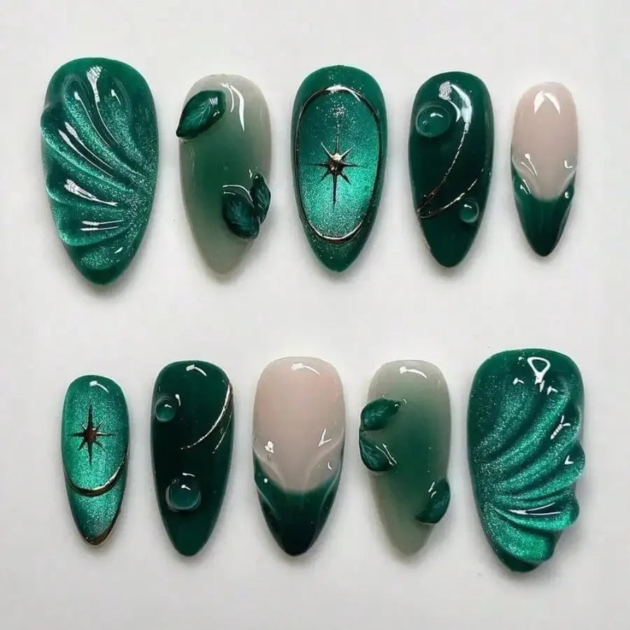 Cool-Tone Green Cat Eye Press-On Nails, 24-Piece Set