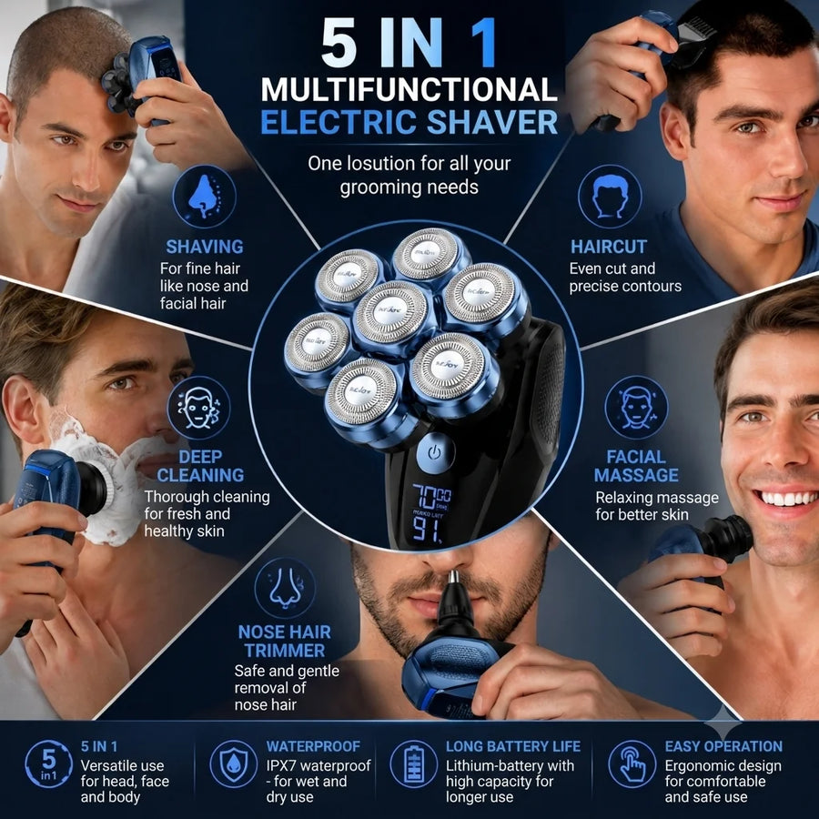 SEJOY 7D Electric Head Shaver, 5-in-1, IPX7 Waterproof