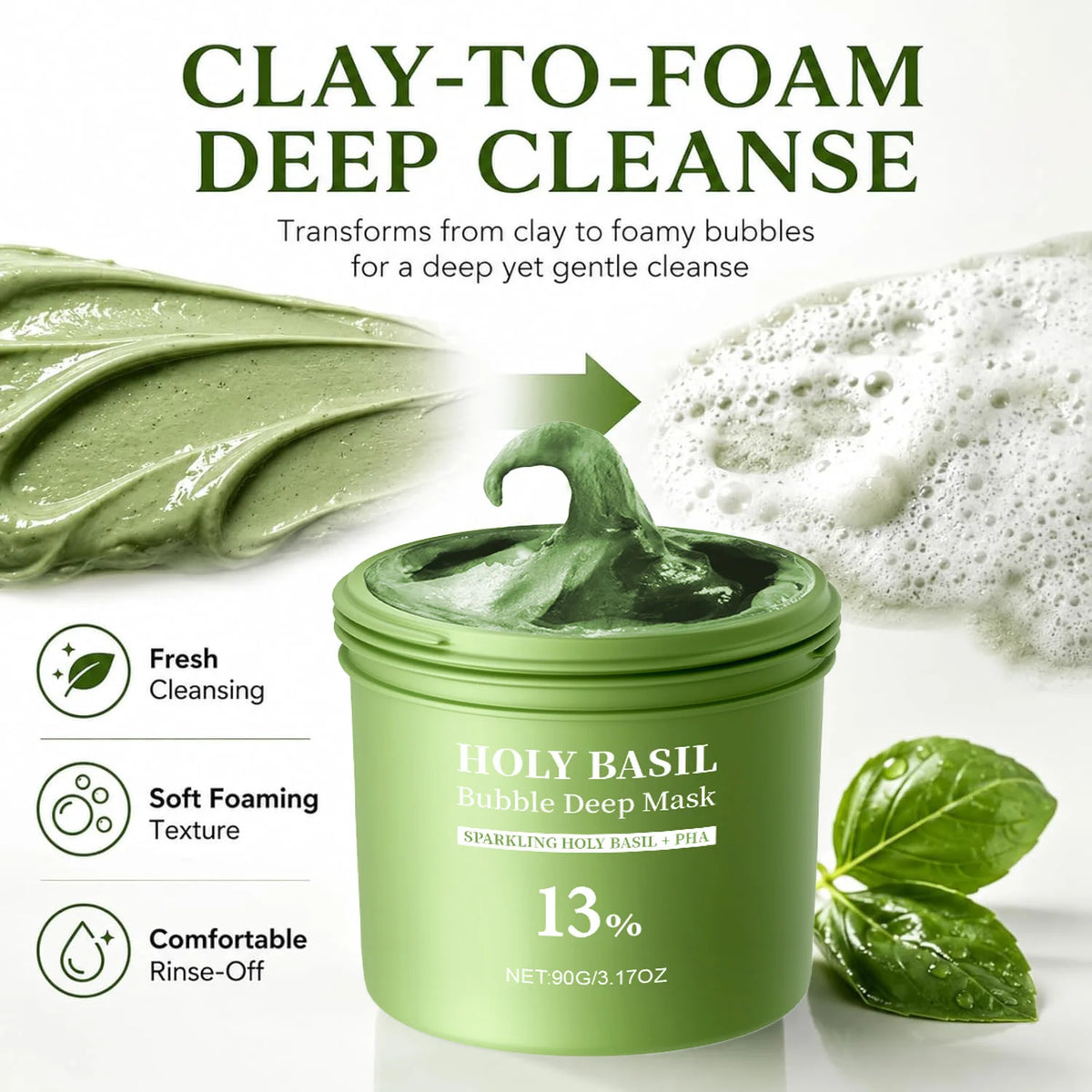 Holy Basil Bubble Clay-to-Foam Facial Mask with PHA, 90 g