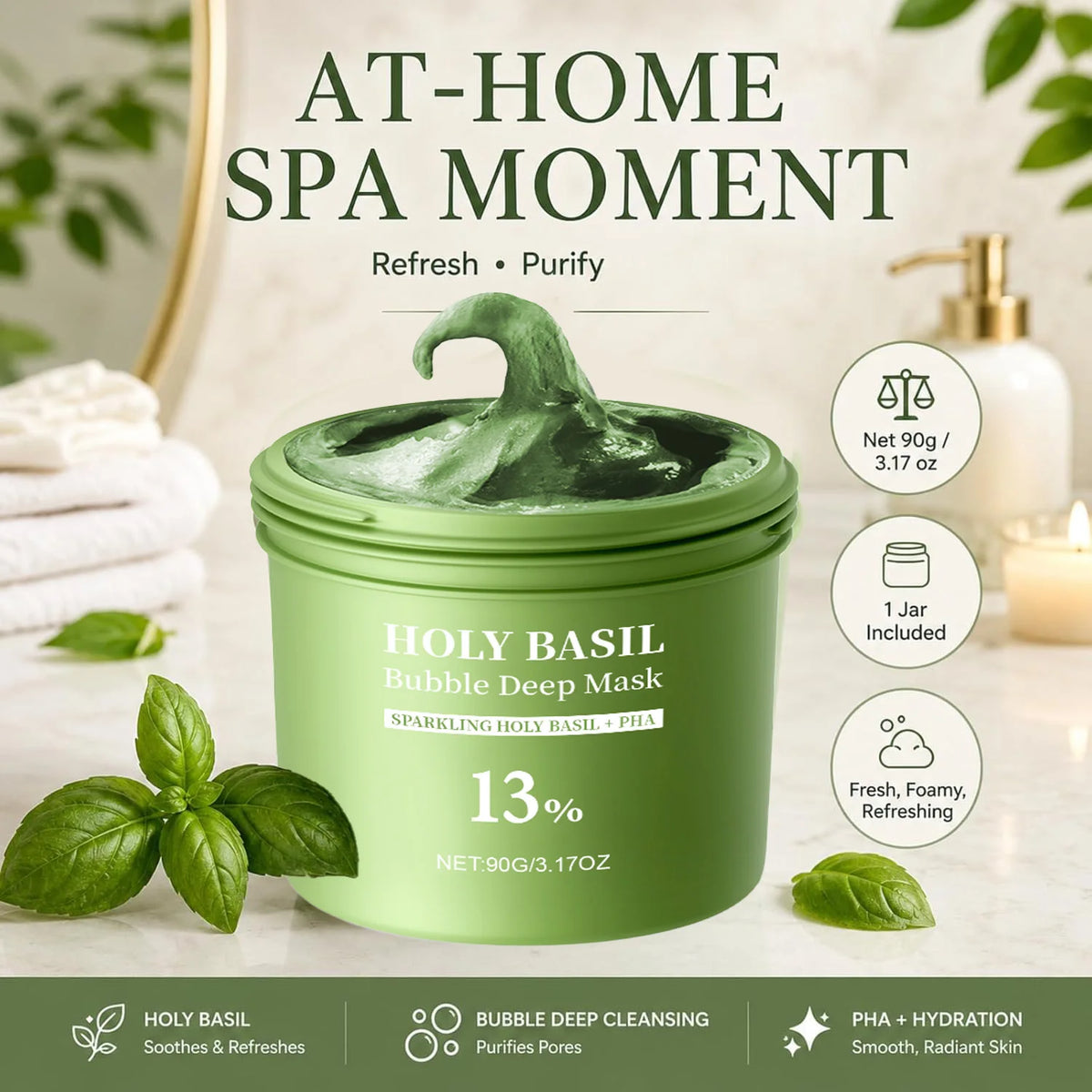 Holy Basil Bubble Clay-to-Foam Facial Mask with PHA, 90 g
