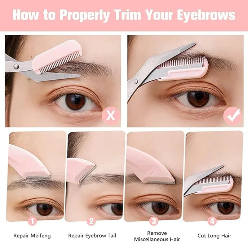 Eyebrow Trimmer Set with Curved Razor, Scissors and Comb
