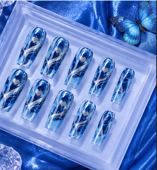 Blue Gradient Press-On Nails with Gold Curve Detail, 24-Piece Set