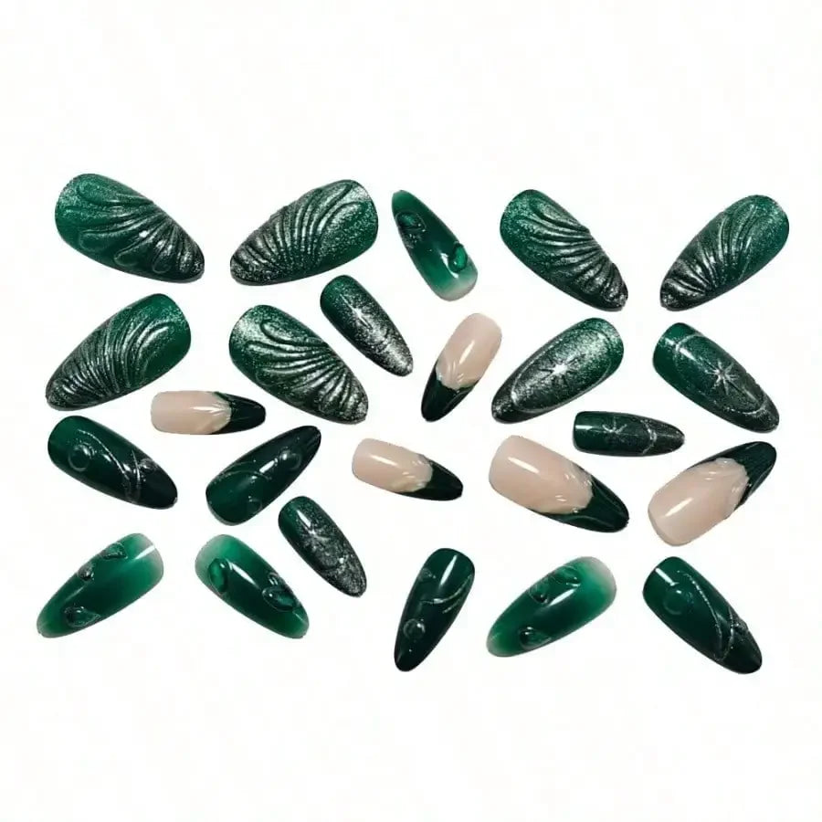 Cool-Tone Green Cat Eye Press-On Nails, 24-Piece Set