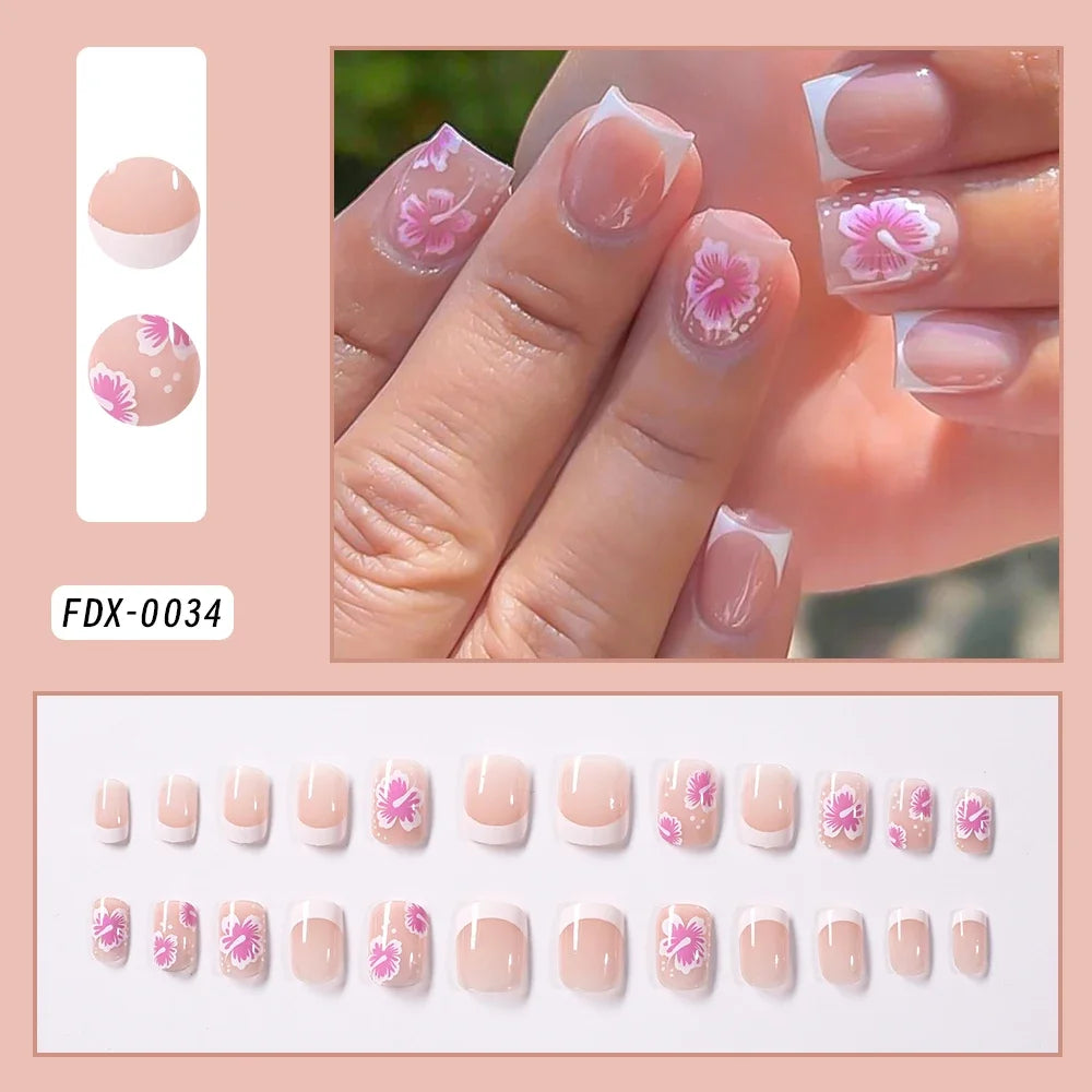 Pink Floral French Press-On Nails, 24-Piece Set