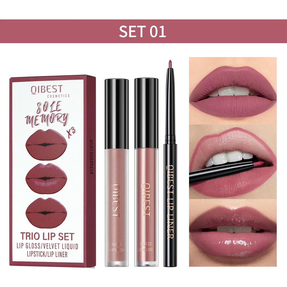 QIBEST 3-Piece Liquid Lip and Lip Liner Set