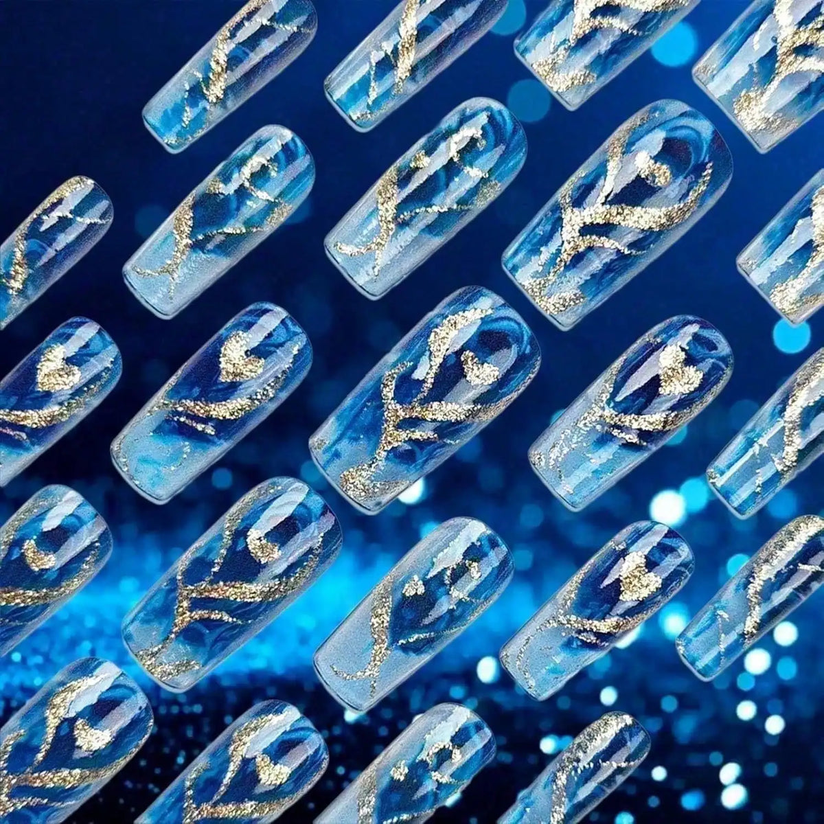 Blue Gradient Press-On Nails with Gold Curve Detail, 24-Piece Set