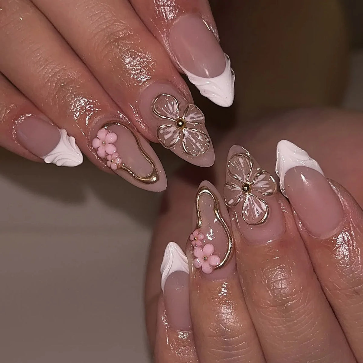 Pearl Starlight Floral Press-On Nails, 24-Piece Set