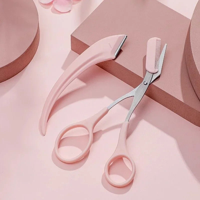 Eyebrow Trimmer Set with Curved Razor, Scissors and Comb