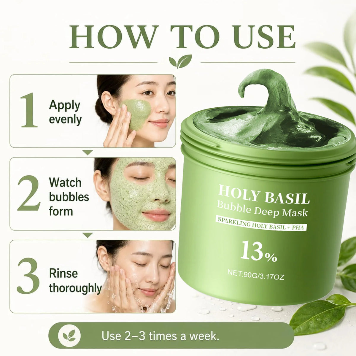 Holy Basil Bubble Clay-to-Foam Facial Mask with PHA, 90 g