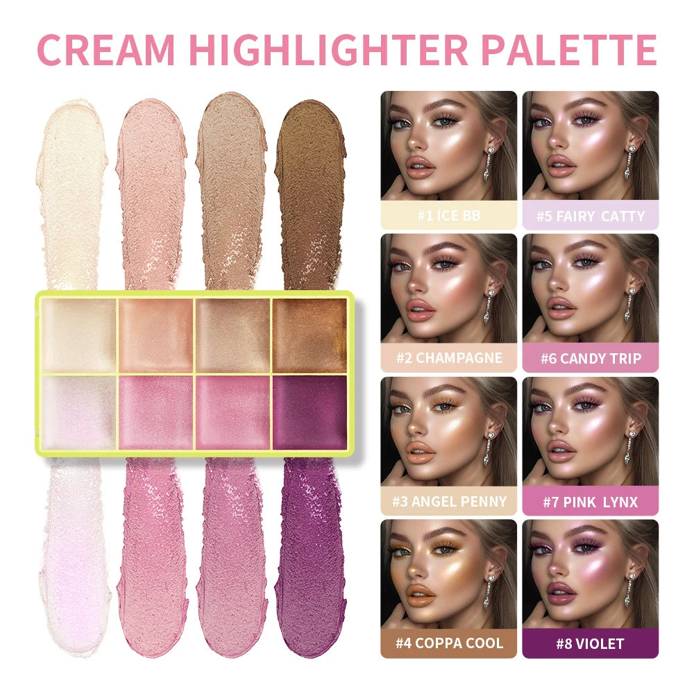 8-Color Cream Makeup Palette, Highlighter and Blush
