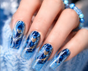 Blue Gradient Press-On Nails with Gold Curve Detail, 24-Piece Set
