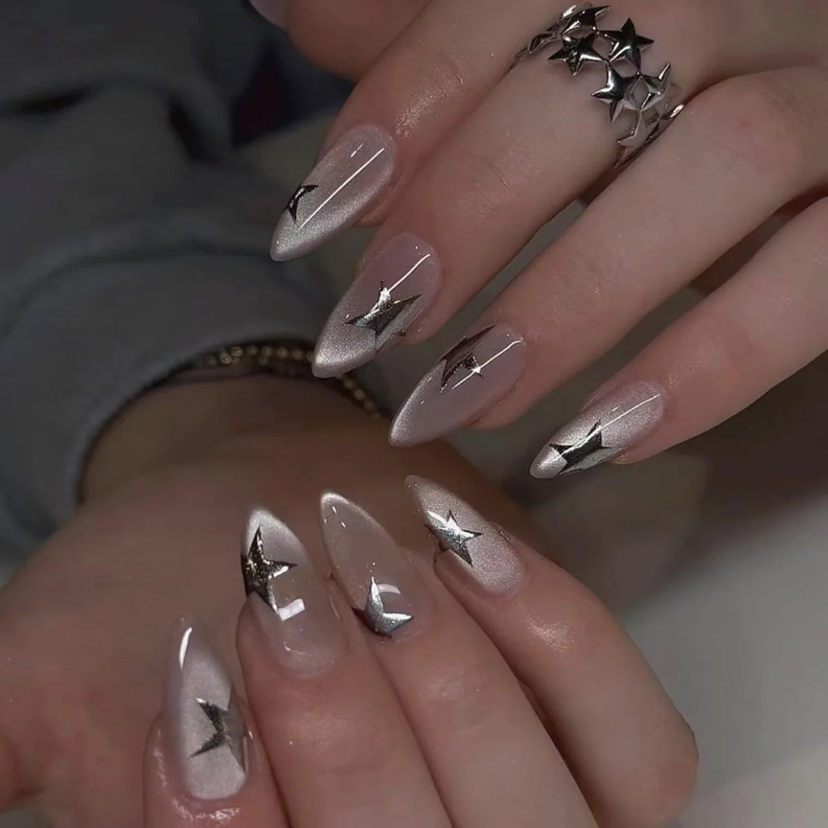 Romantic Y2K Star Press-On Nails, 24-Piece Almond Set