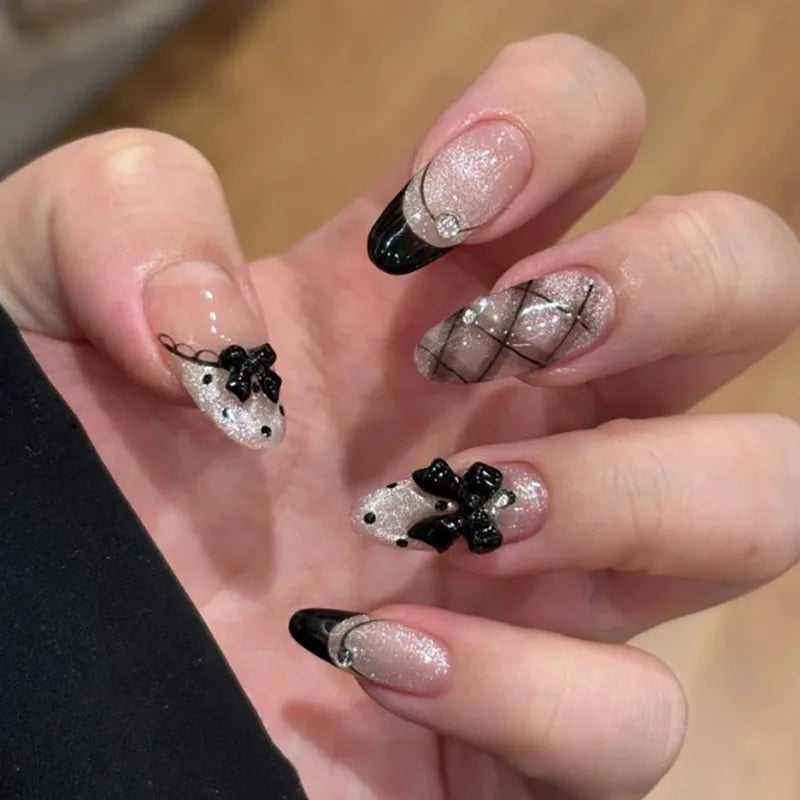 Black Bat Press-On Nails, 24-Piece Almond Set