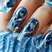 Blue Gradient Press-On Nails with Gold Curve Detail, 24-Piece Set