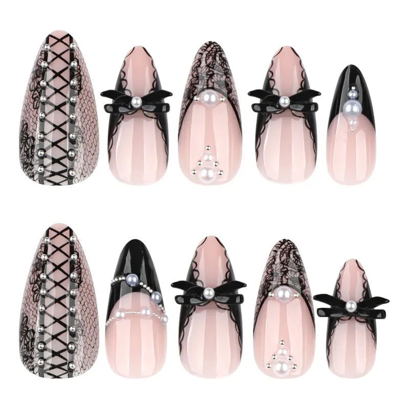 Black Bat Press-On Nails, 24-Piece Almond Set