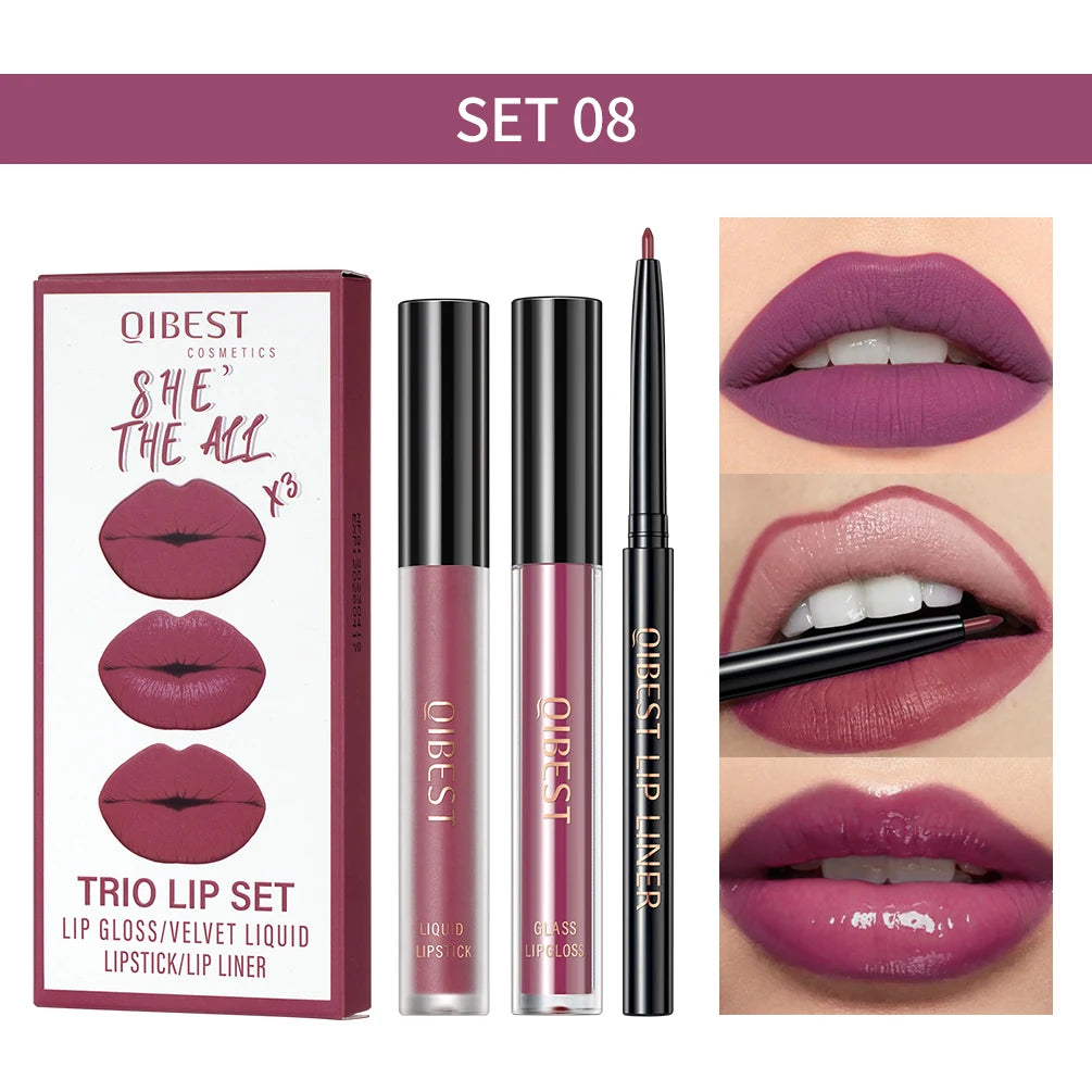 QIBEST 3-Piece Liquid Lip and Lip Liner Set